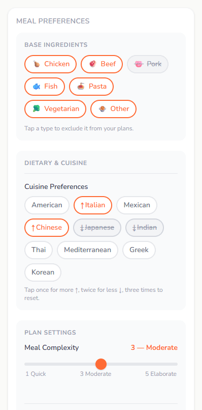 Meal preferences